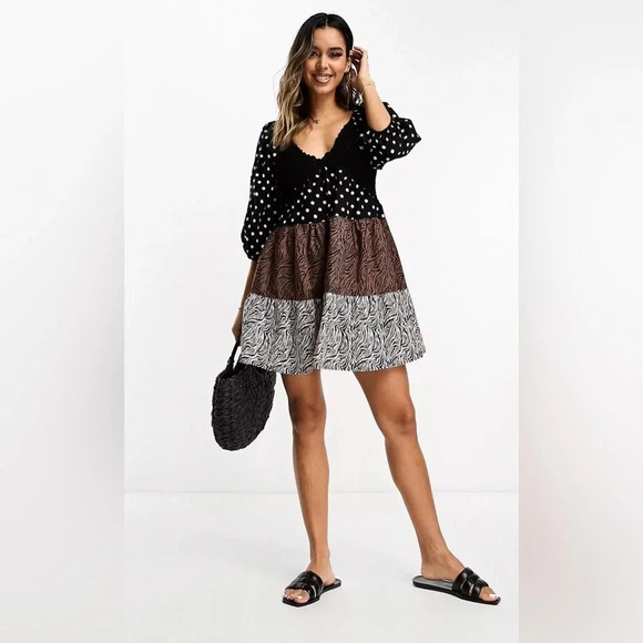 ASOS DESIGN crochet tiered babydoll mini dress in mixed animal print SZ 2O - Picture 3 of 9